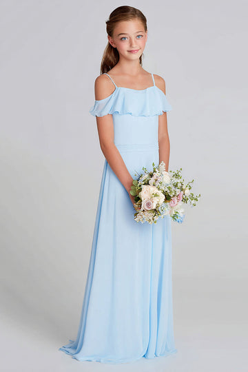 Sky Blue Chiffon A-Line Cold Shoulder Long Junior Bridesmaid Dress